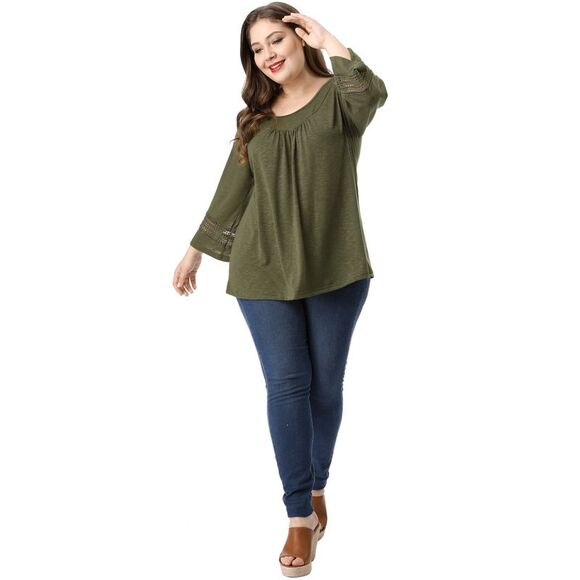 Women's Plus Size Crochet Panel Kimono Raglan Sleeves Tops Green - Picture 3 of 6